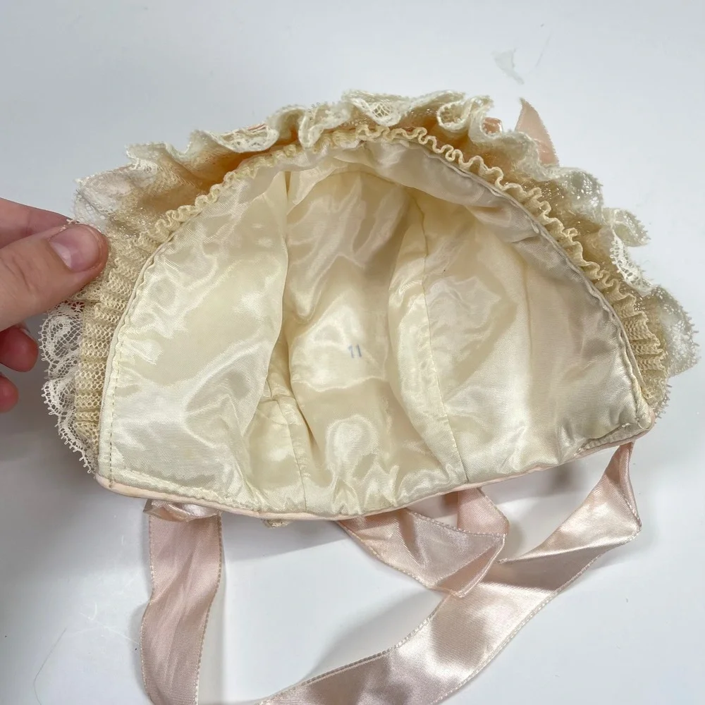 Vintage Baby Bonnet Girl Pink Satin Lace Ruffle Ribbon Tie Baptism Formal